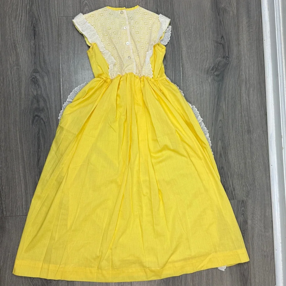 Vintage 70s Montgomery Ward Girls Yellow Prairie Maxi Dress Eyelet Lace Size 6‎